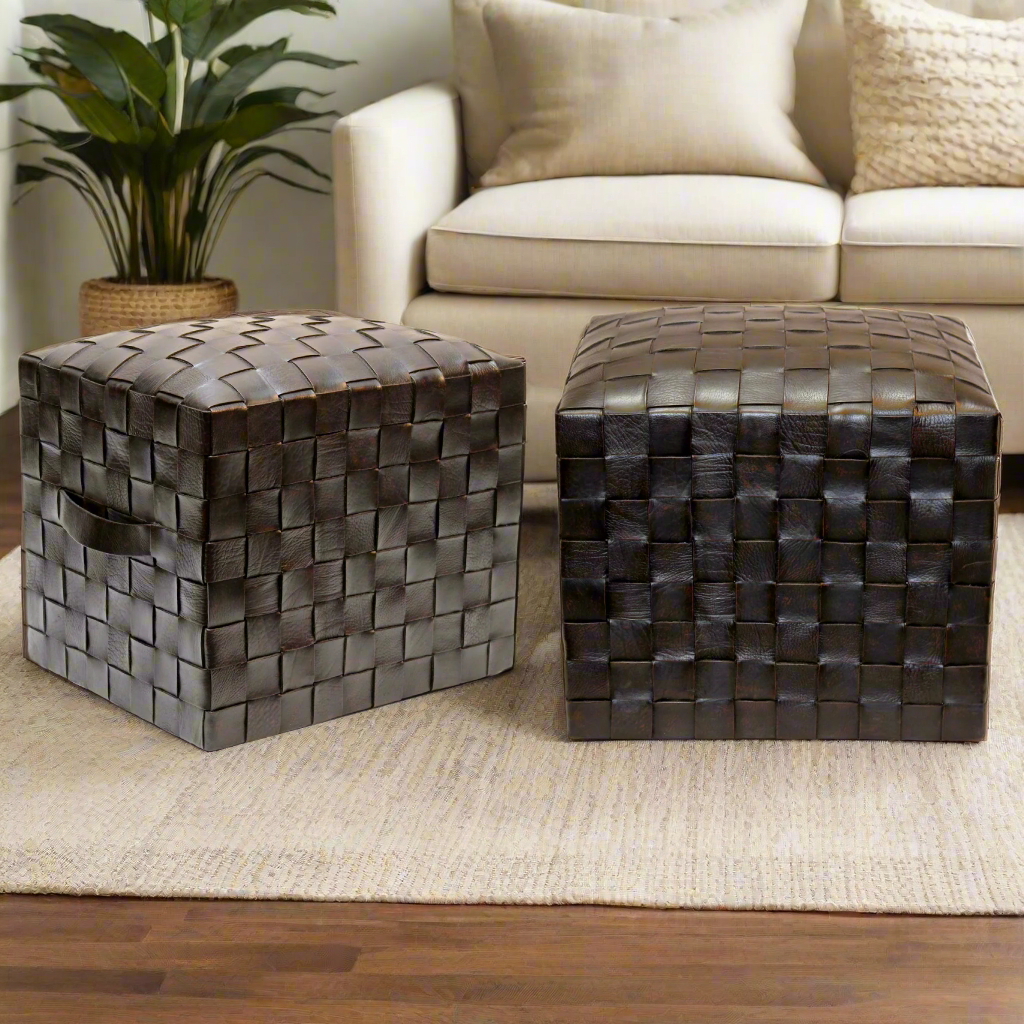 Rich brown leather pouf with natural tones that enhance cozy interiors