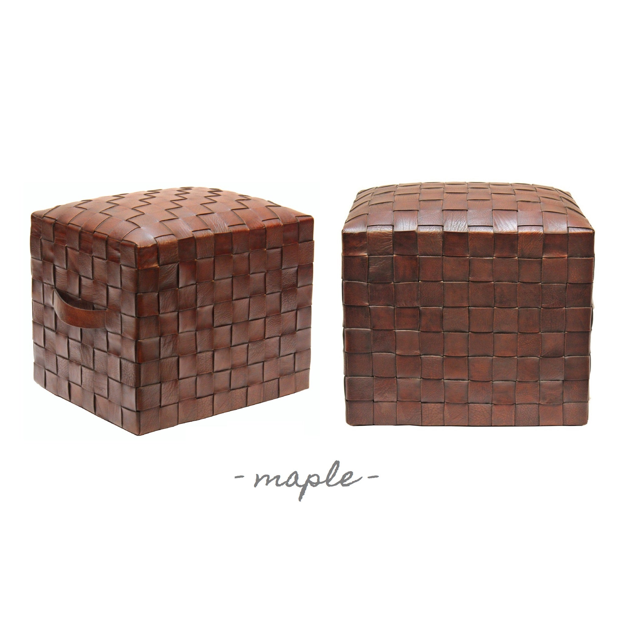 Semi-firm leather seating pouf that works as a functional accent seat.