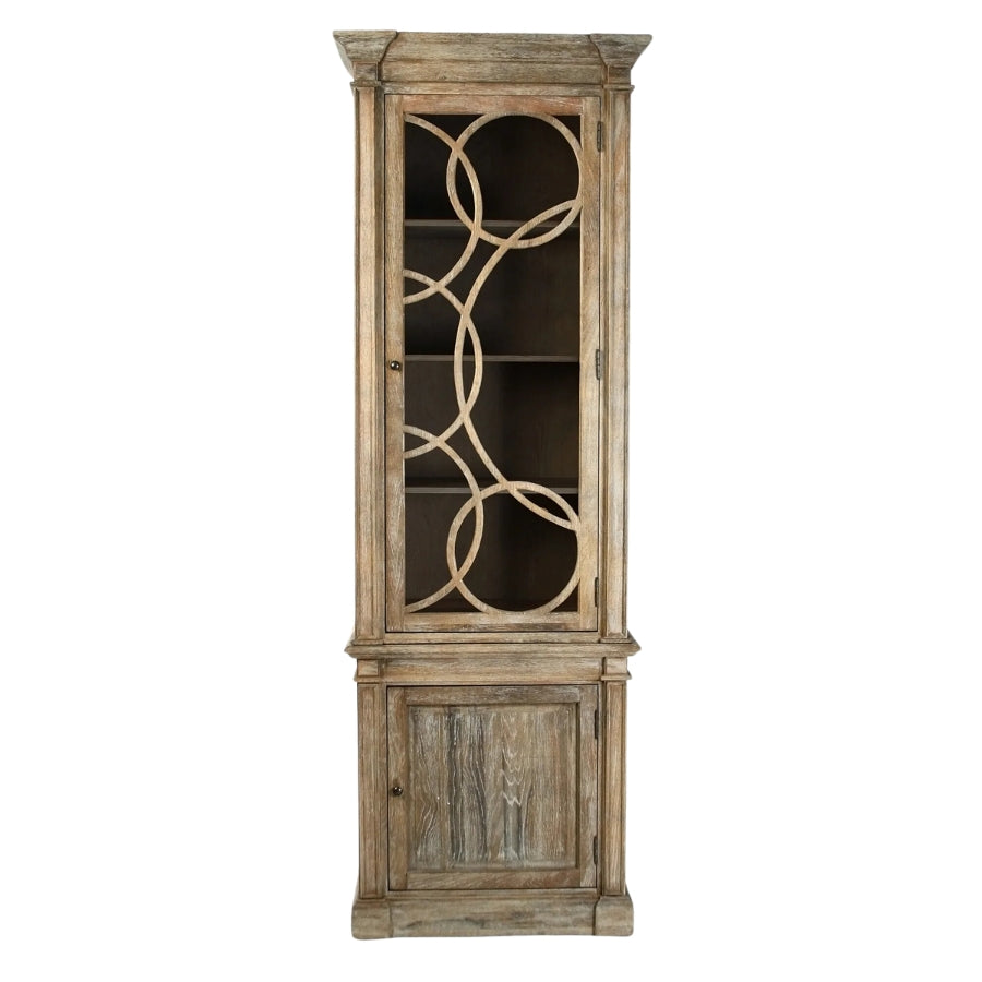 Corinne Cabinet with geometric wooden panel and mirrored glass door in limed grey finish