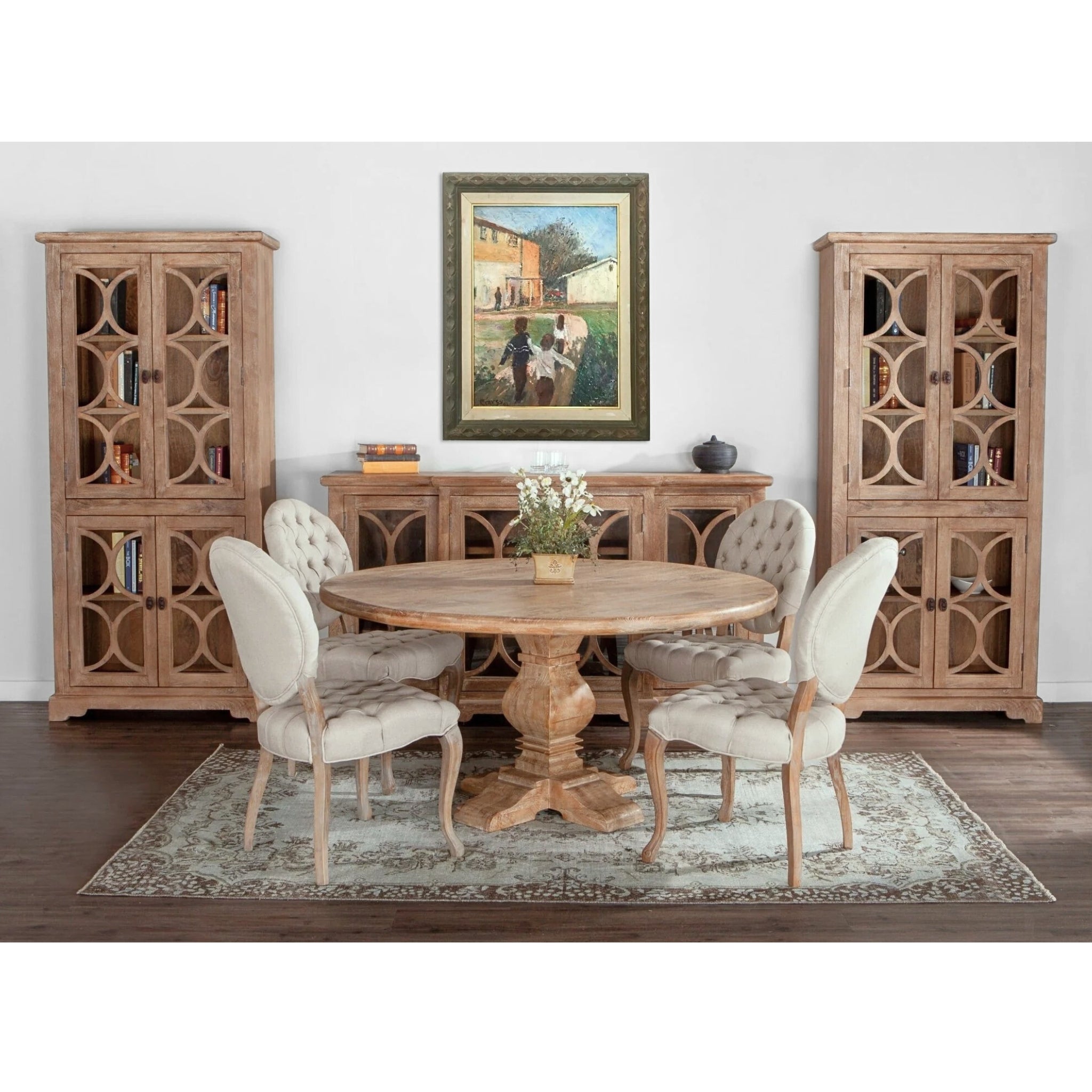 Distressed markings on heirloom-quality mango wood dining table