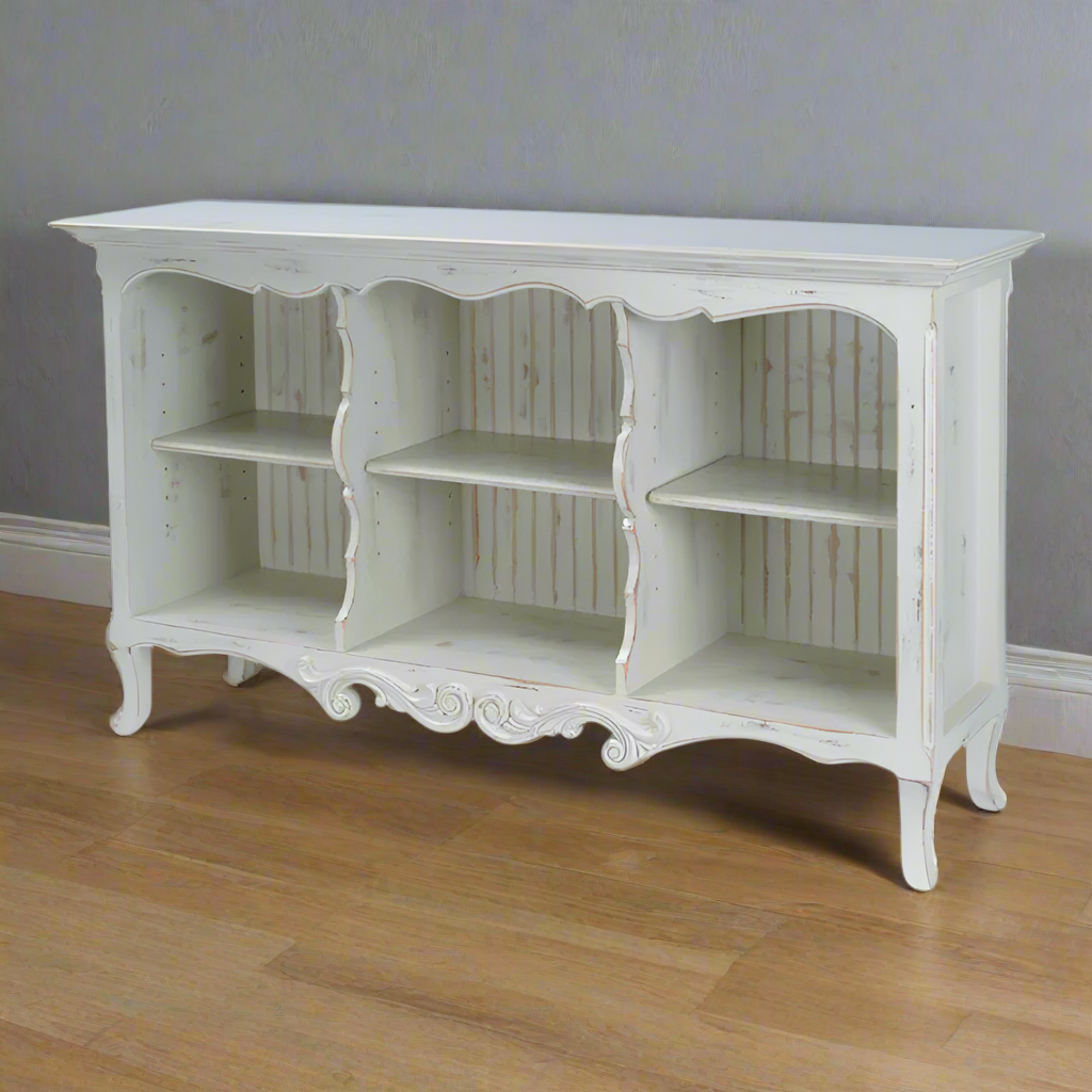 French Country Console - Distressed Pearl White Finish Front View with Scalloped Edges
