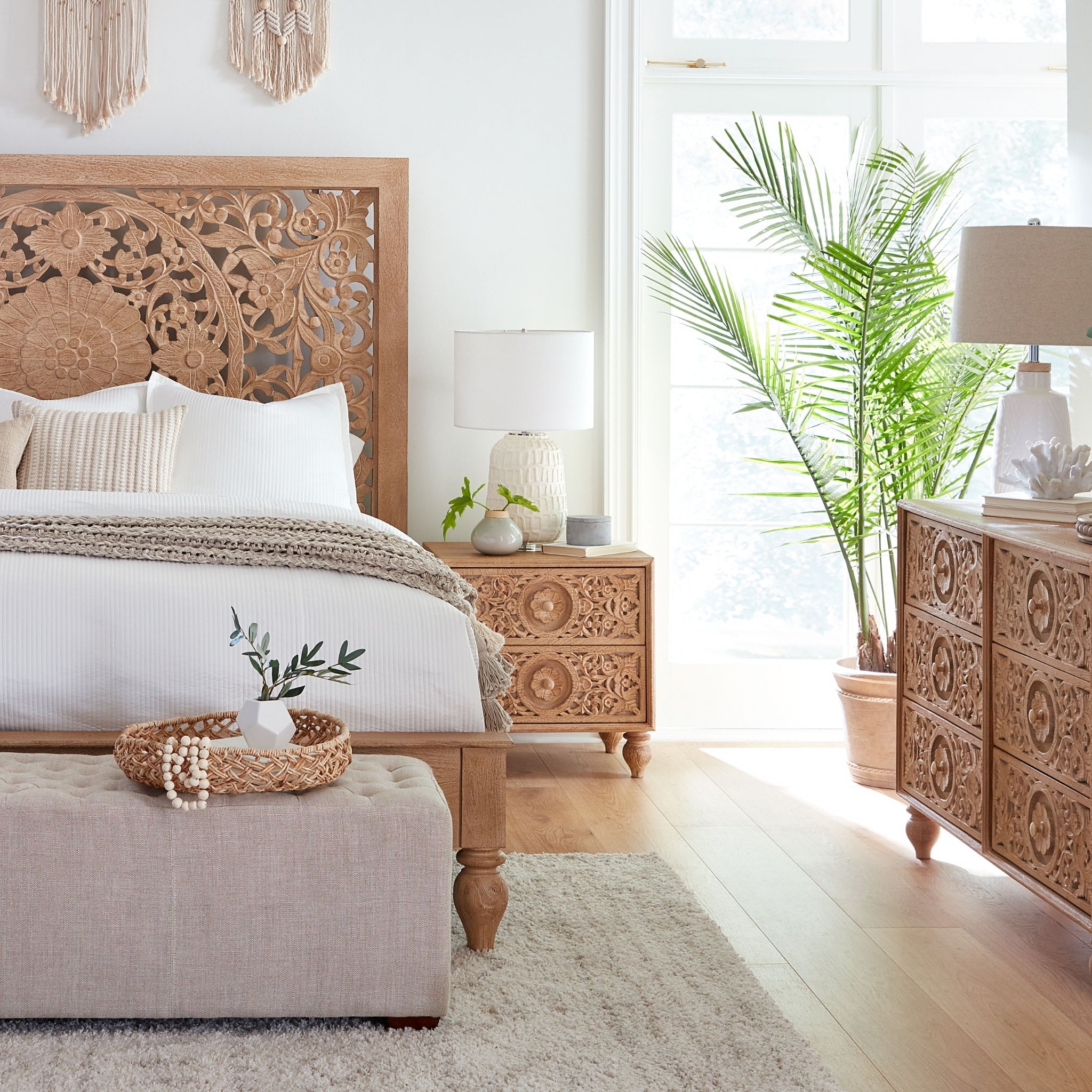 Hand-carved night chest with floral and leaf motifs