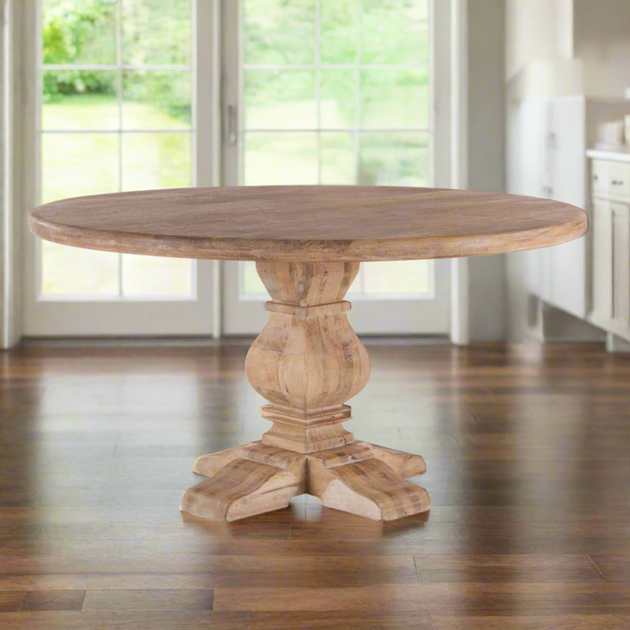 Solid mango wood dining table with carved pedestal and antique oak finish