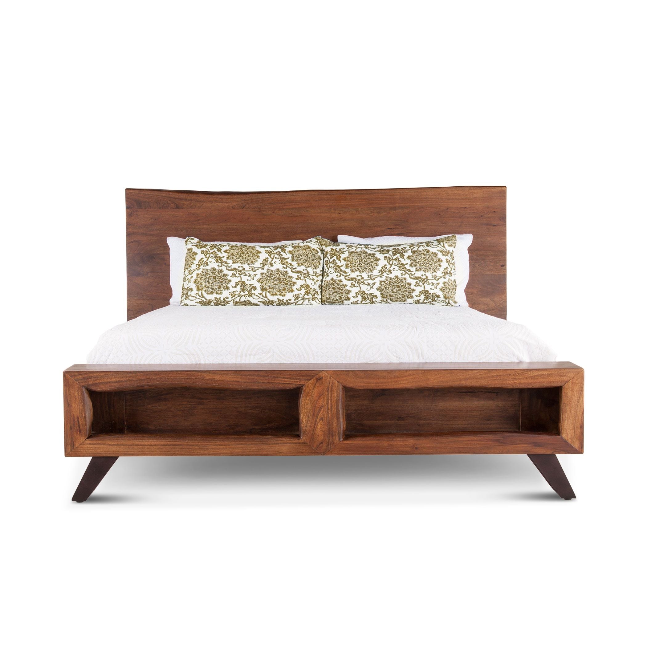 Acacia wood bed with natural grain patterns