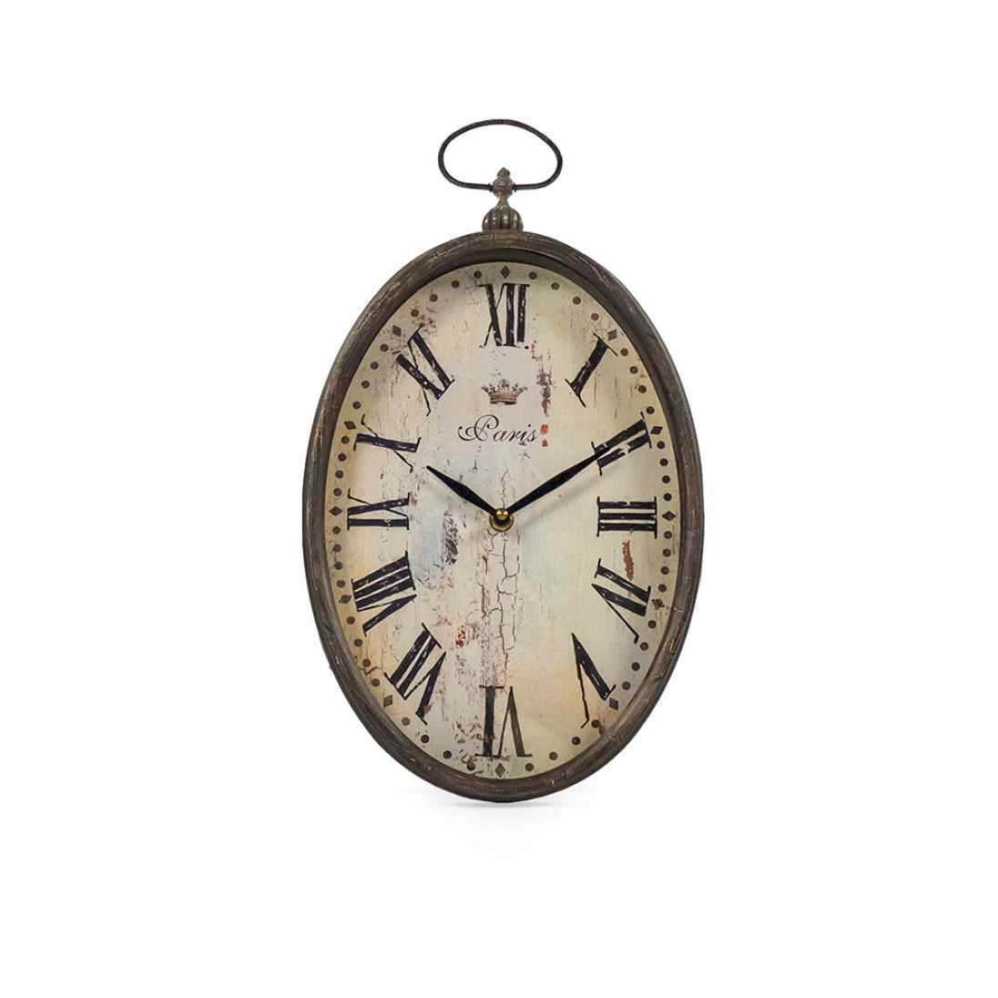 Paris Oval Wall Clock with Roman Numerals and Distressed Iron Frame