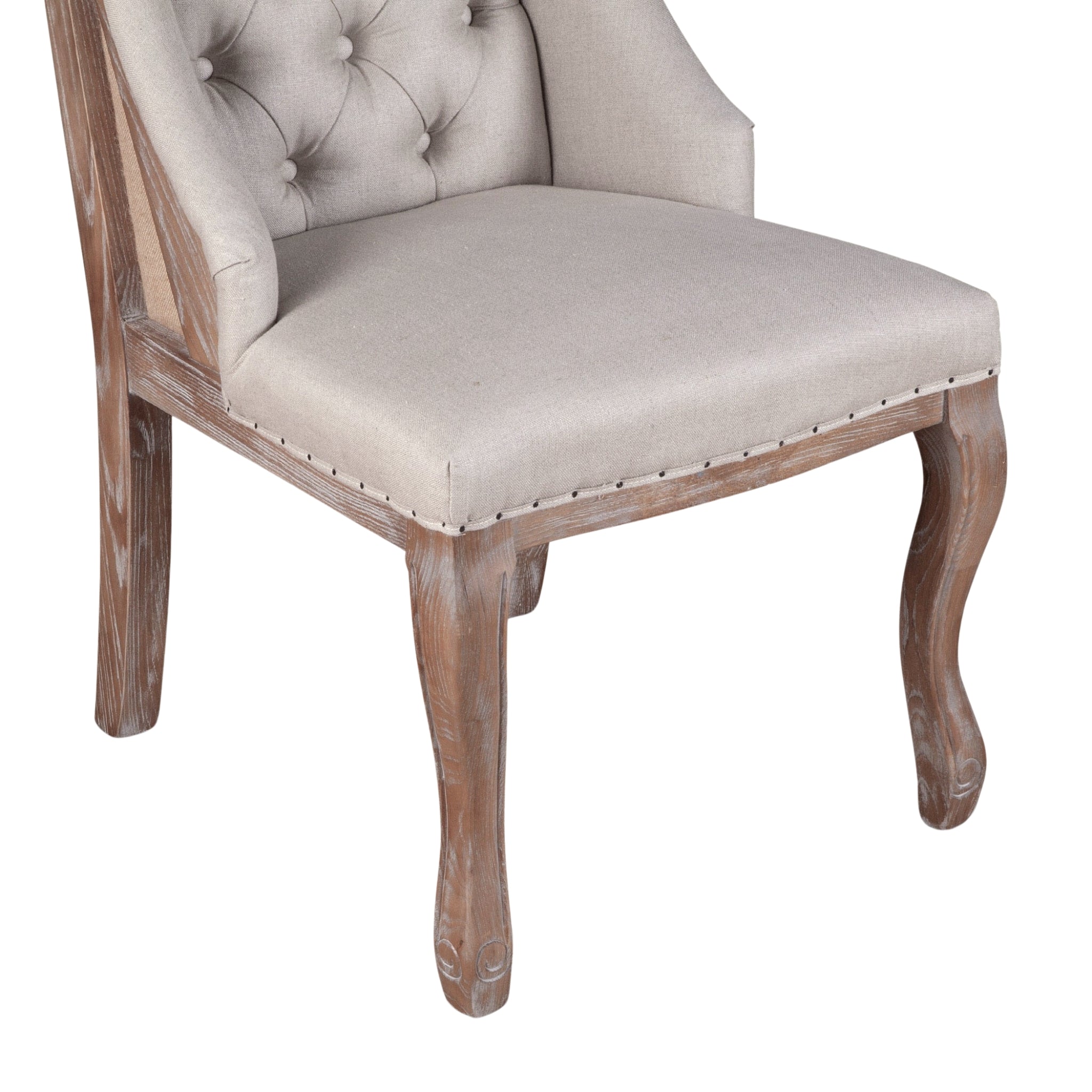 Elegant off-white dining chair with button tufting and solid oak frame in vintage whitewash finish