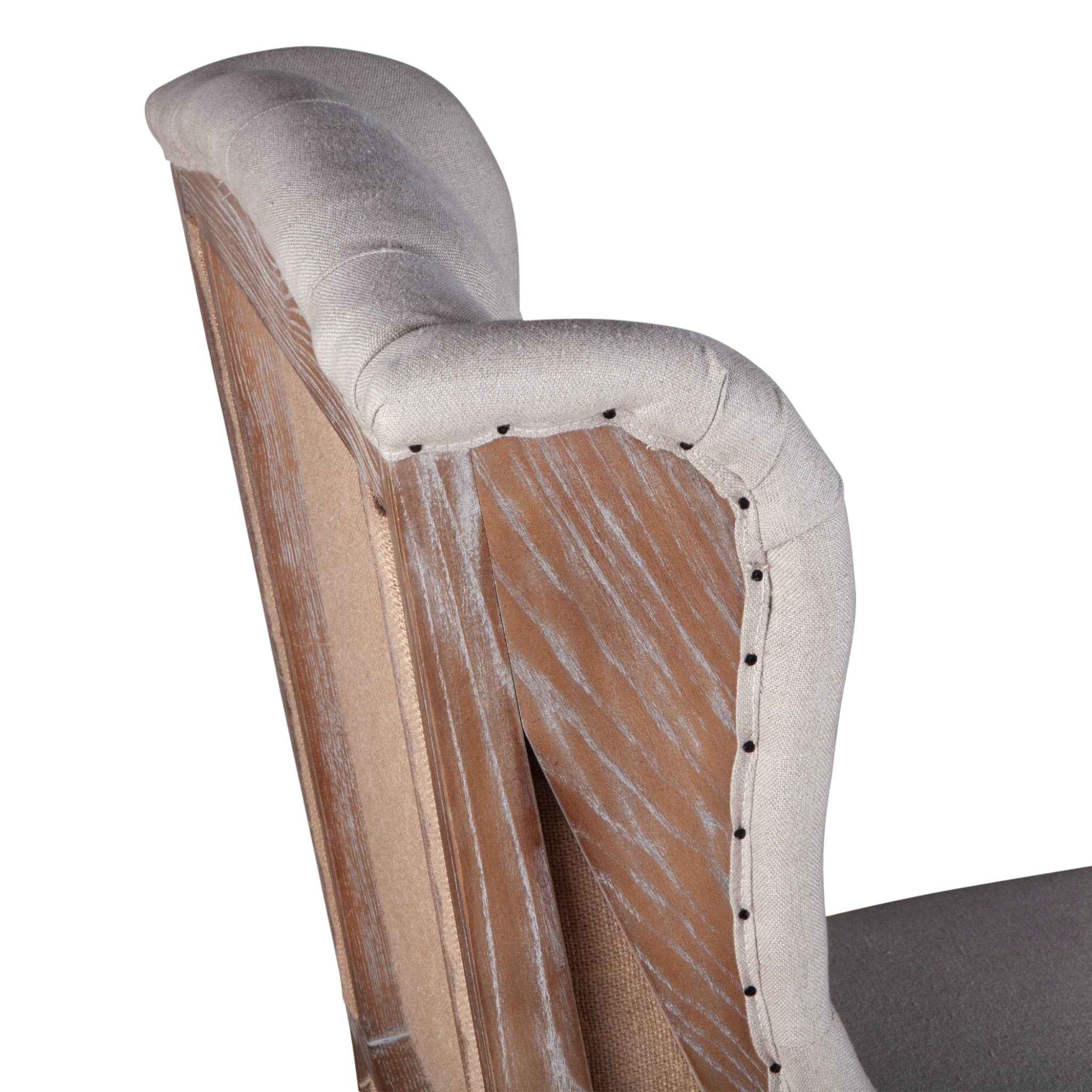 Tufted dining chair with whitewash oak legs, high backrest, and off-white linen upholstery