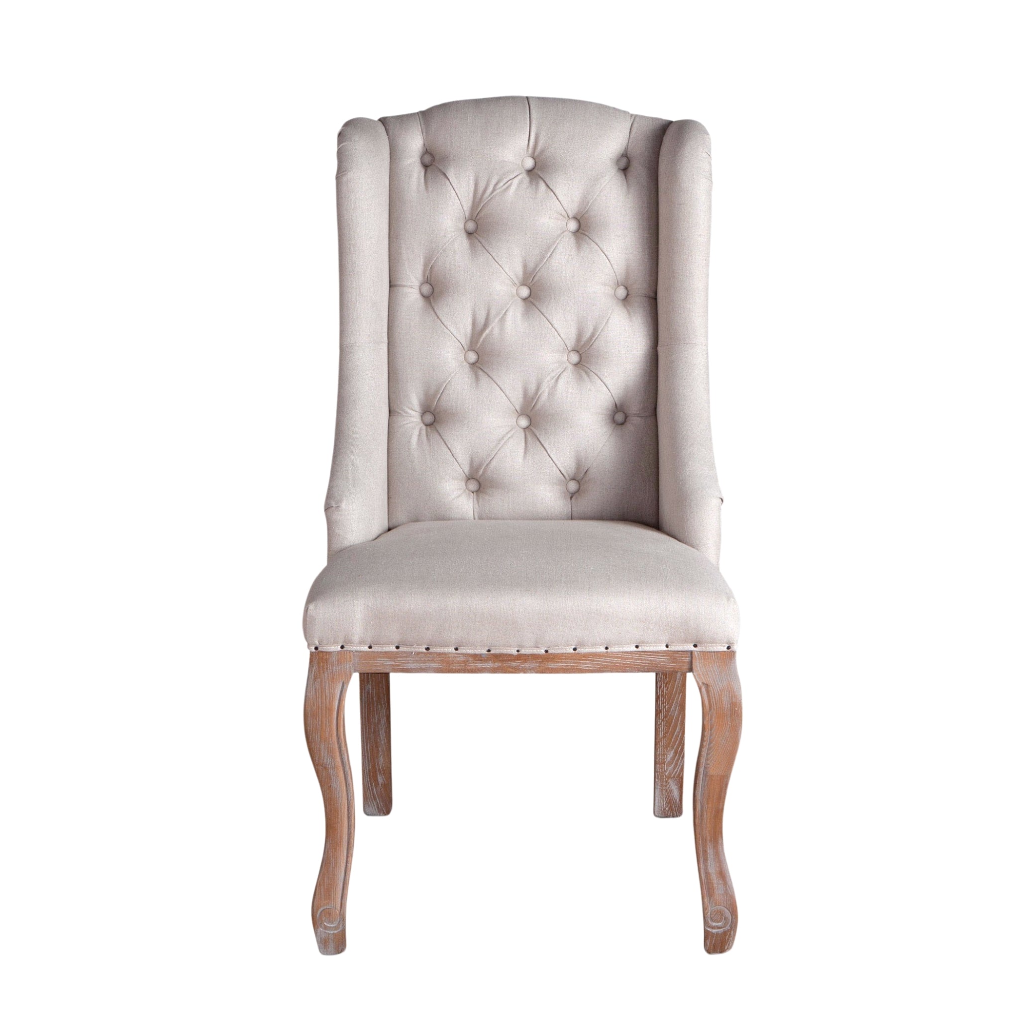 Vintage-style dining chair featuring diamond button tufting, framed side panels, and whitewash oak legs
