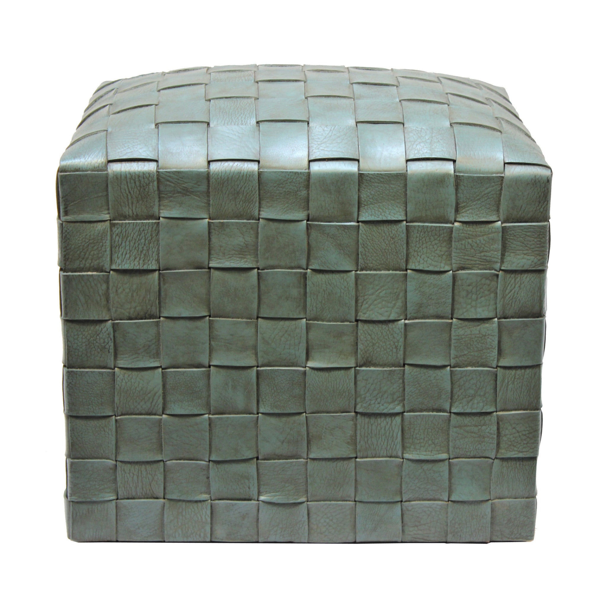 Brooklin Woven Leather Pouf, Turquoise