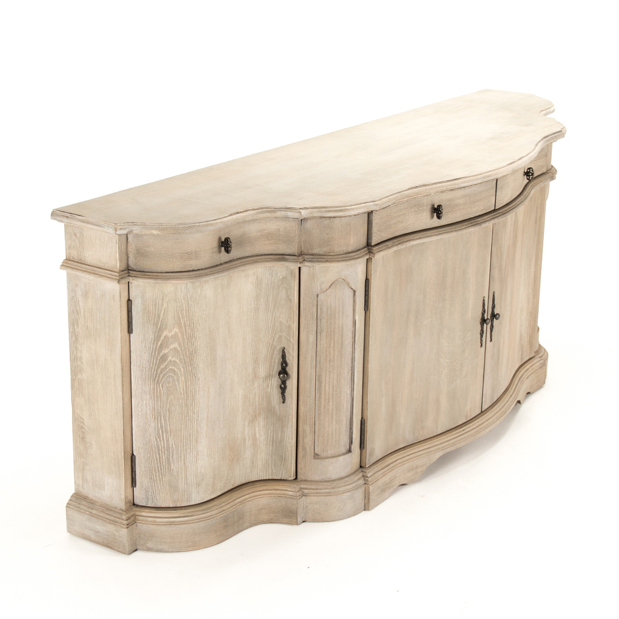 Elegant Courbet Buffet in distressed taupe with curved design and ample storage.