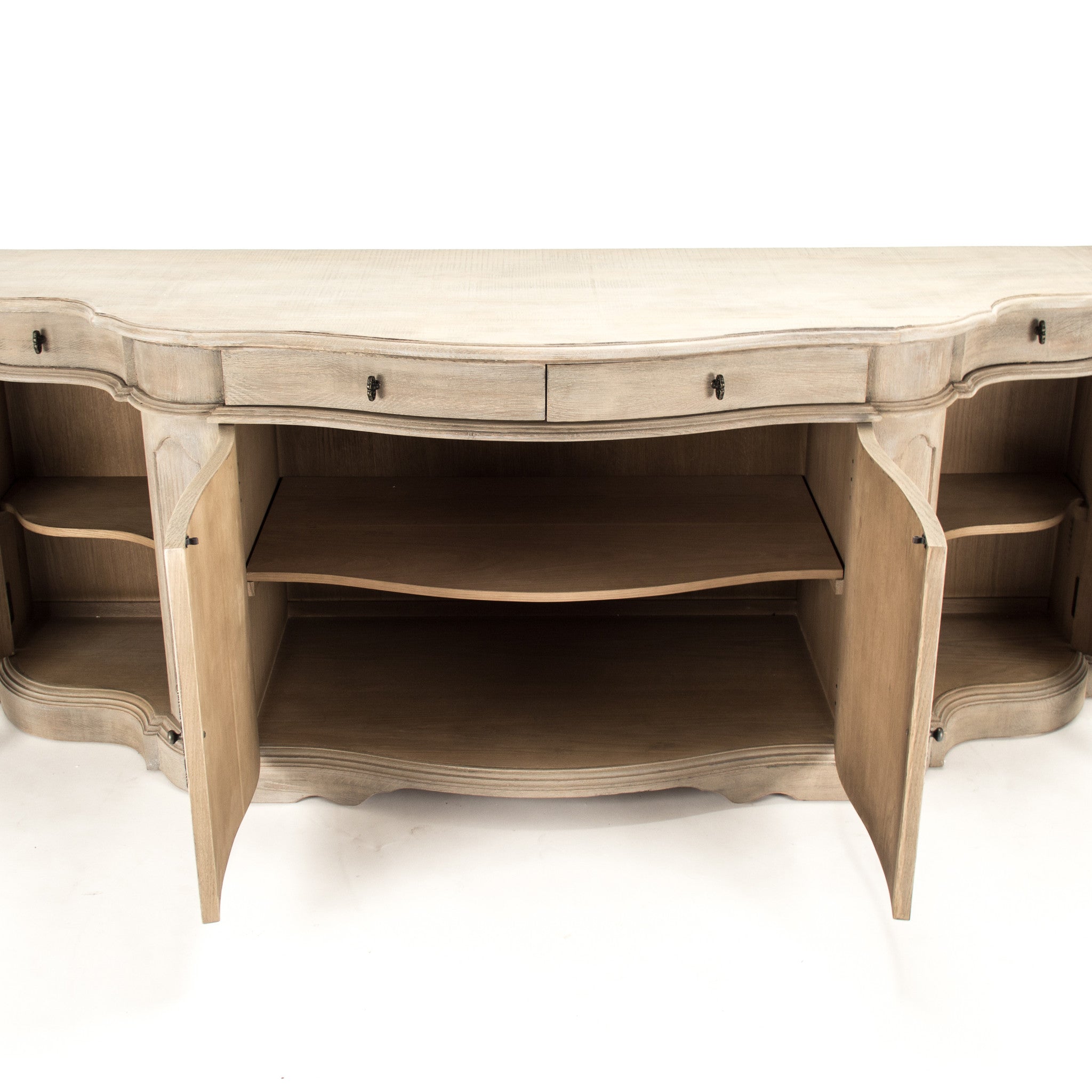 Stylish dining room buffet with a distressed taupe finish and spacious storage.