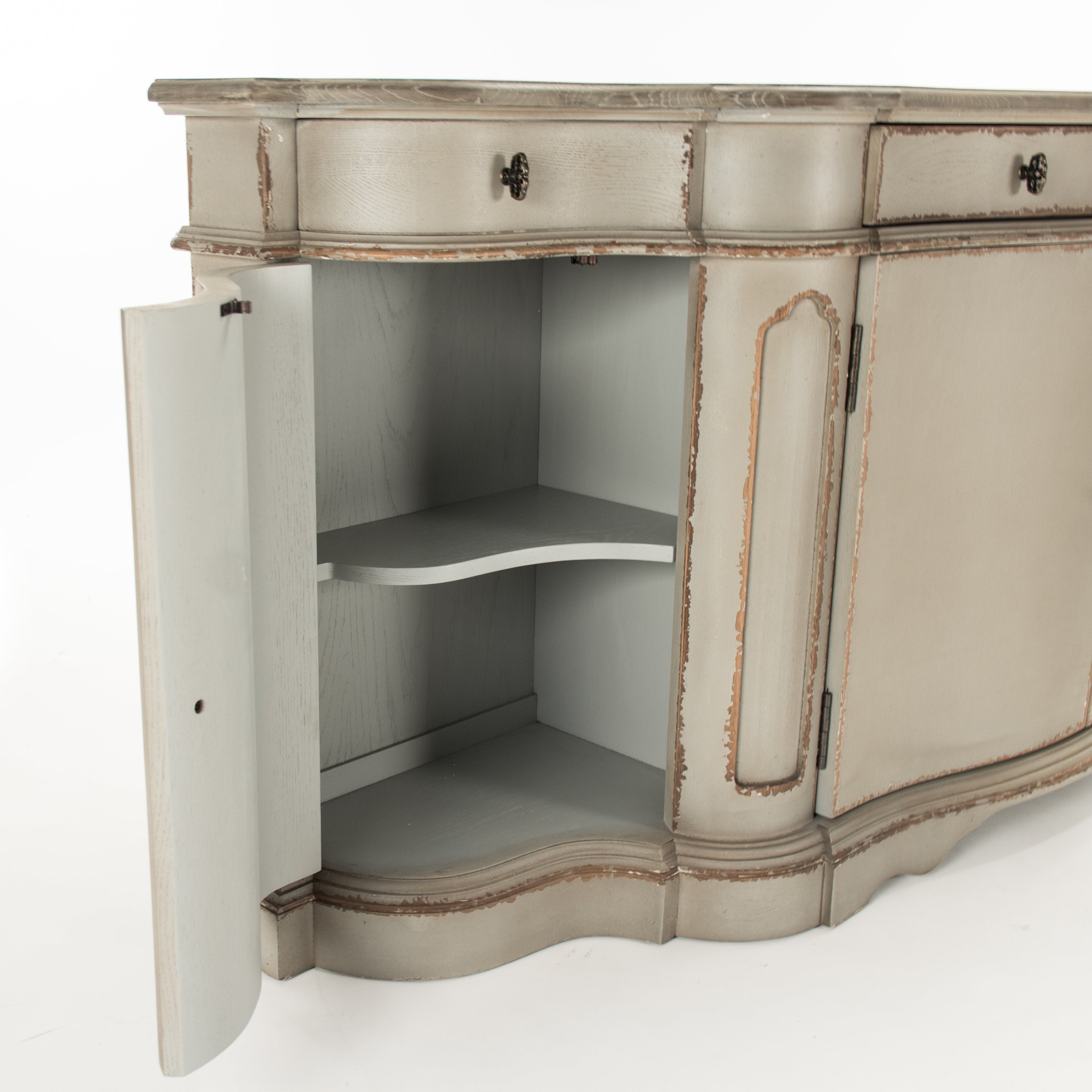 Courbet Buffet with spacious storage drawers and dark bronze knobs.
