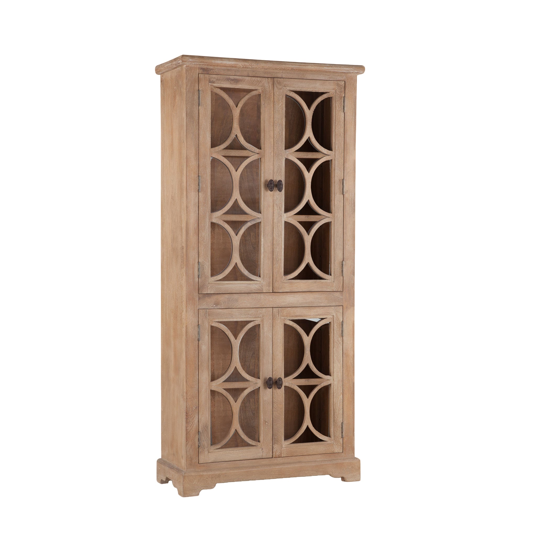 Elegant Pengrove 84" cabinet in antique oak, featuring carved wood half-moon patterns and five shelves for ample storage.