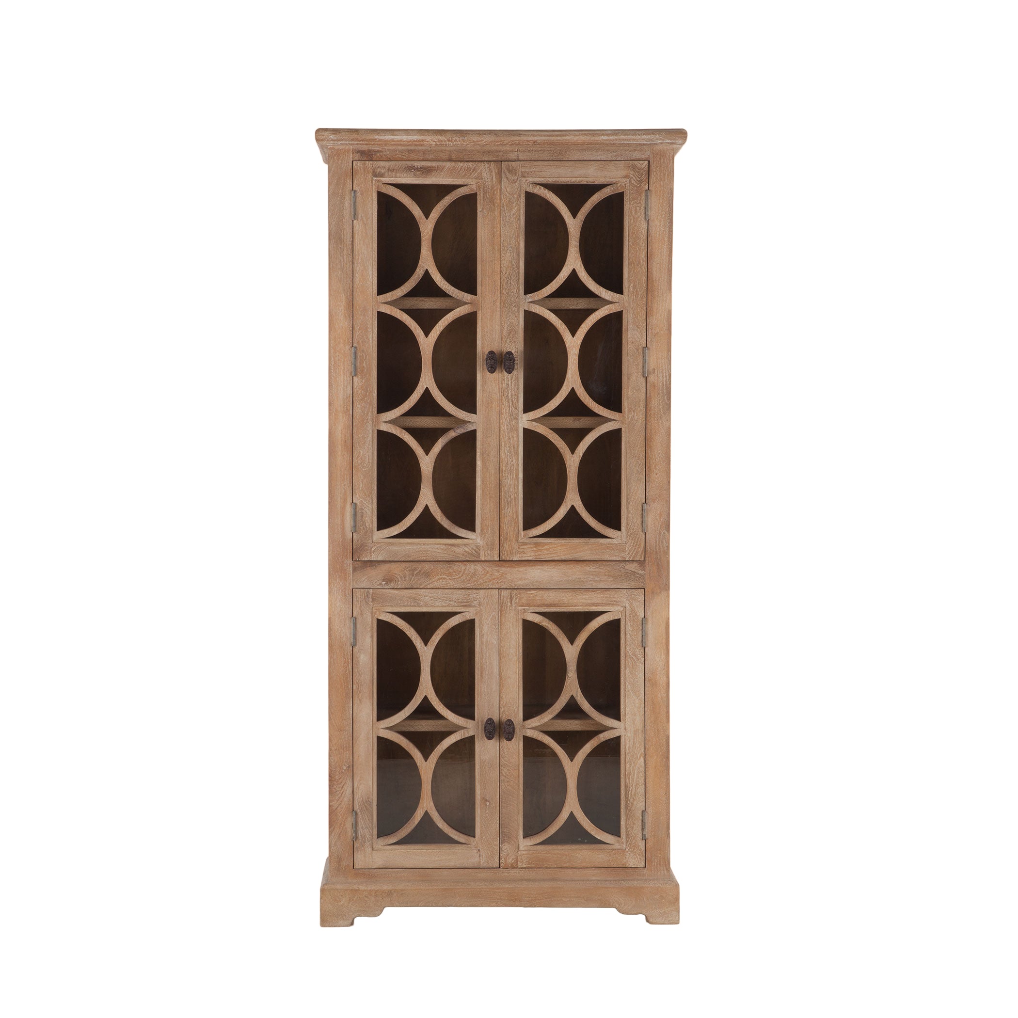Pengrove 84" carved mango wood storage cabinet with double glass doors and antique oak finish, offering ample storage and coastal modern appeal.