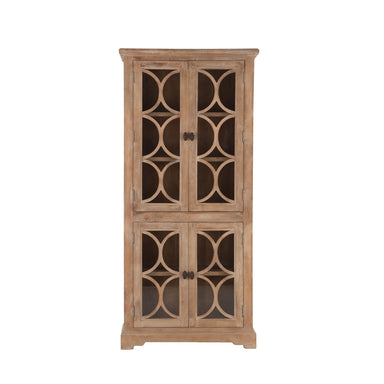 Pengrove 84" carved mango wood storage cabinet with double glass doors and antique oak finish, offering ample storage and coastal modern appeal.