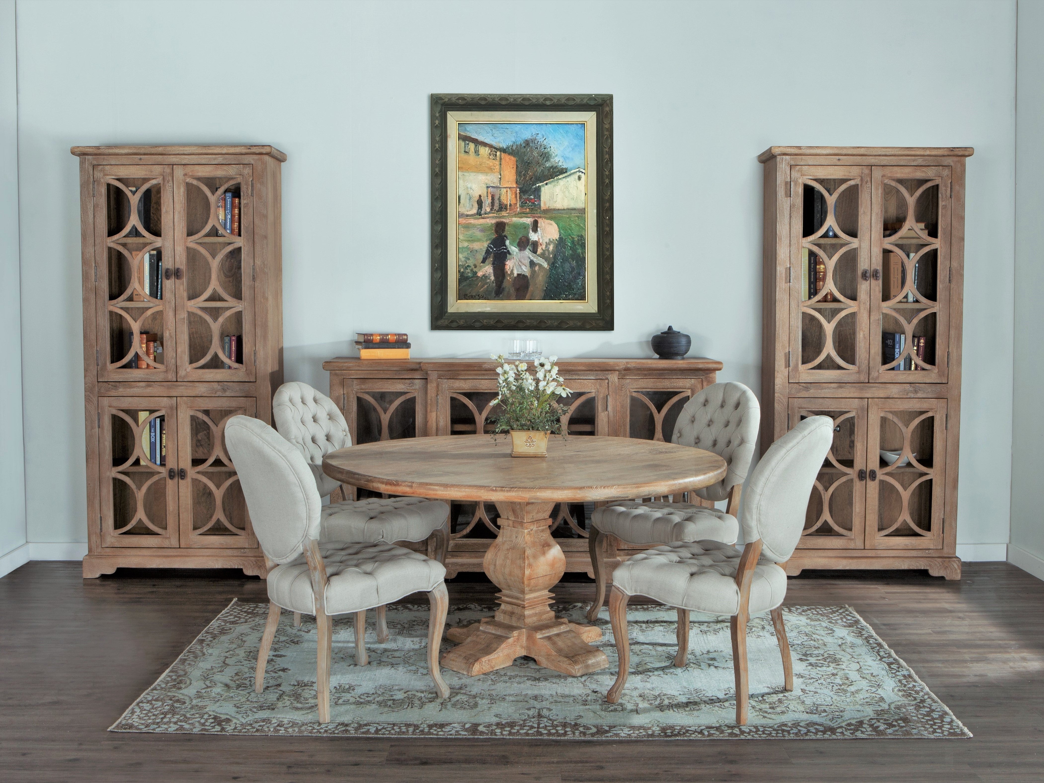 Stylish and functional Pengrove 84" carved wood cabinet with antique oak finish and double glass doors for modern coastal interiors.