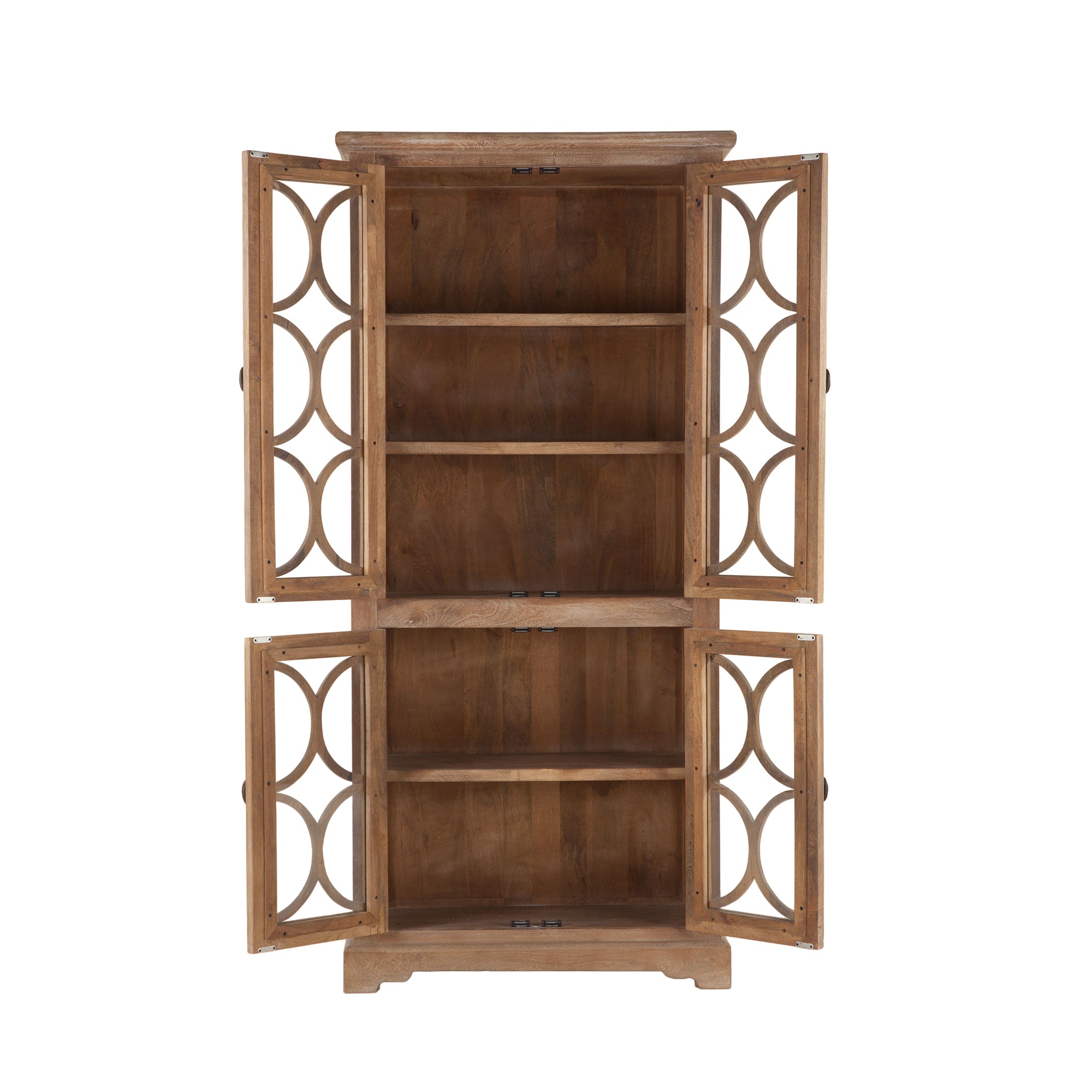 Pengrove 84" storage cabinet in antique oak, crafted from solid mango wood, featuring glass doors with carved wood detailing and five spacious shelves.