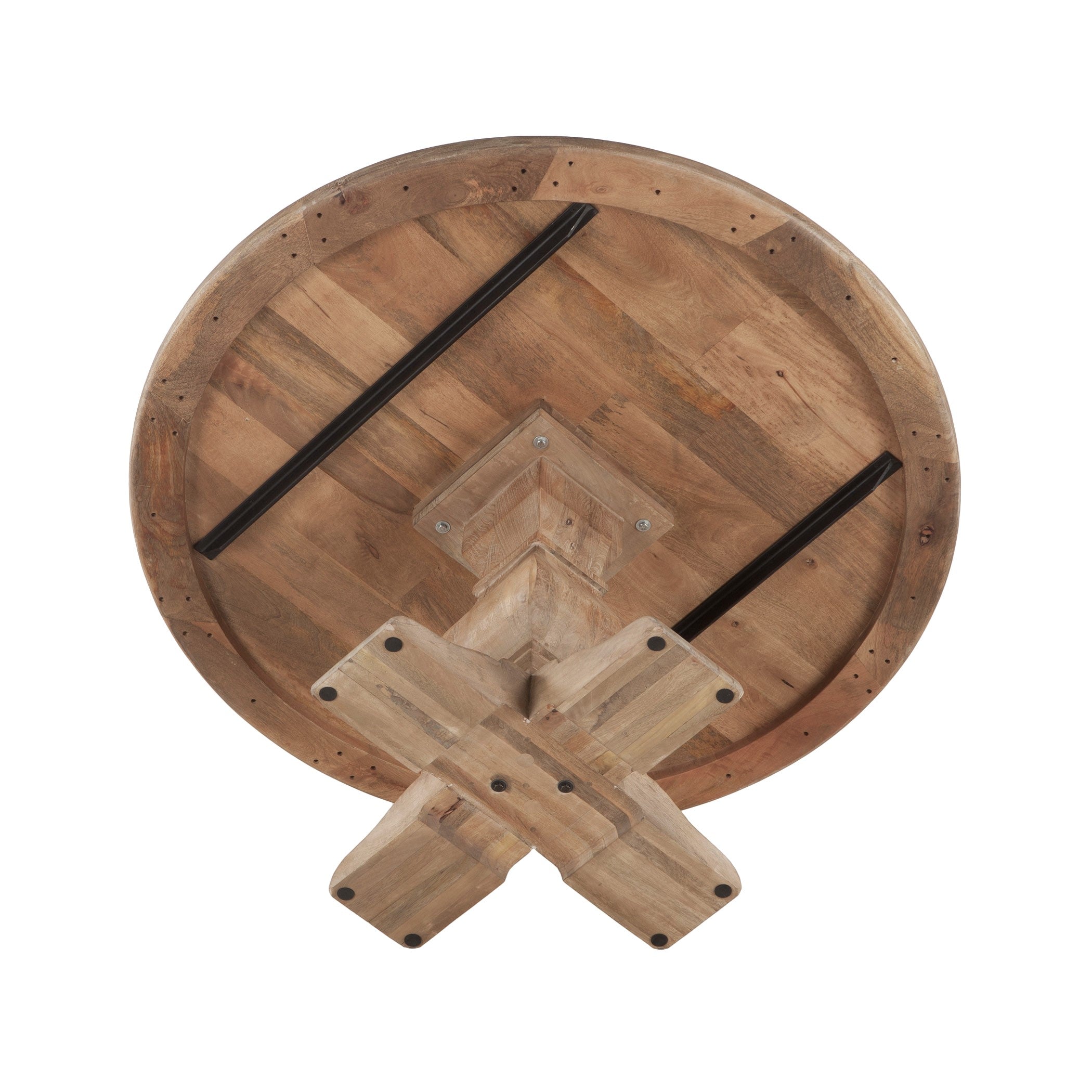 Mango wood round dining table finished in antique oak for durability - Underneath View