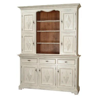 Antique White Fairfield Hutch featuring beadboard back and scalloped edge shelf