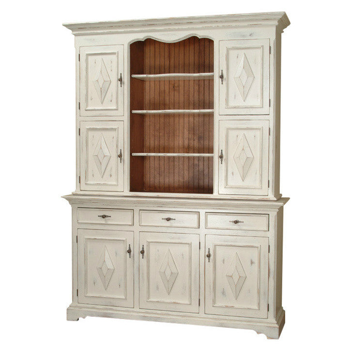 Antique White Fairfield Hutch featuring beadboard back and scalloped edge shelf