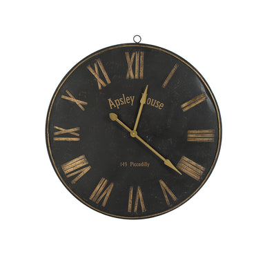 Elegant black and gold Apsley House wall clock with a 36.5-inch iron frame and distressed finish, perfect for adding historical charm to any room.