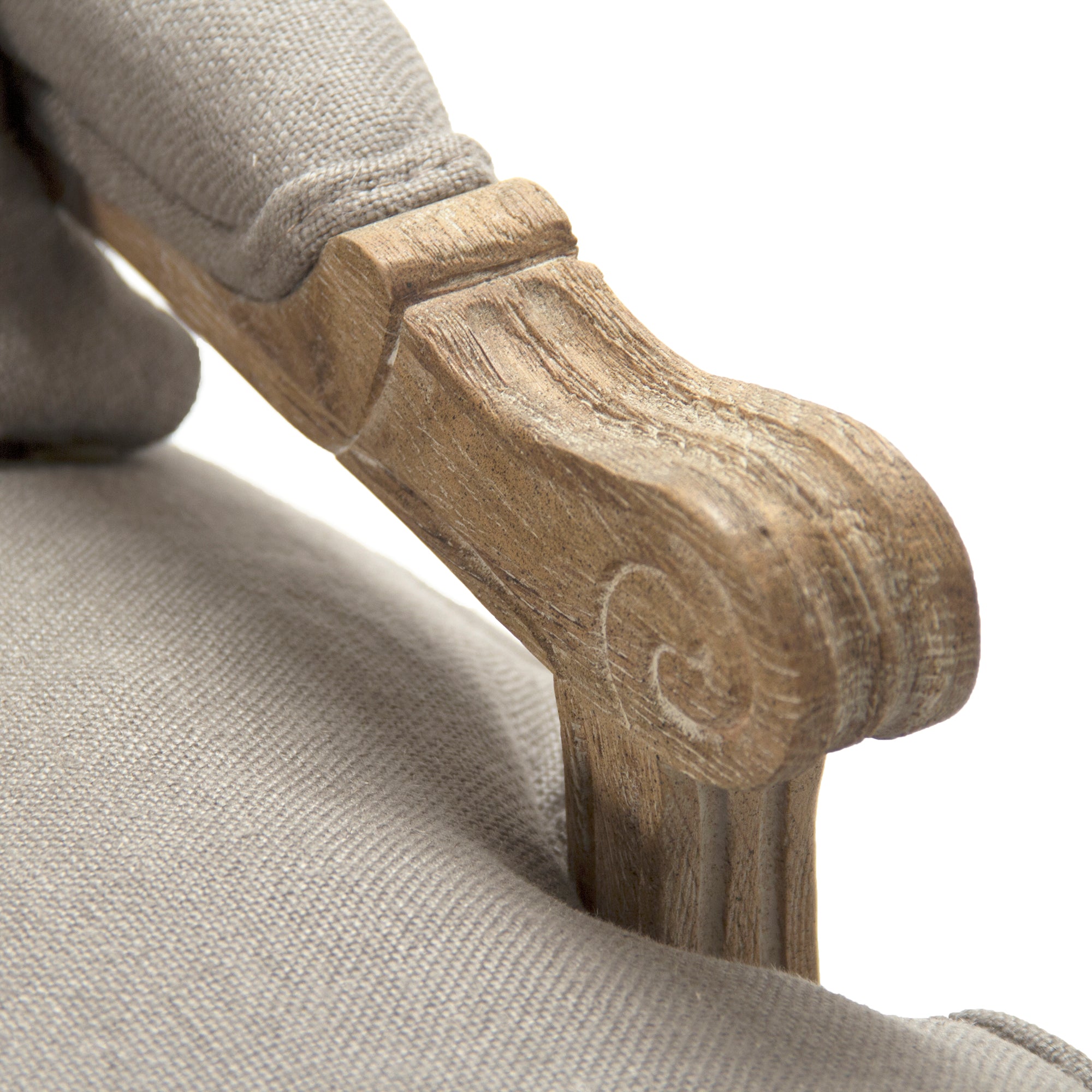 Elegant Bastille Couch with durable limed oak frame and grey linen fabric — timeless design for any interior