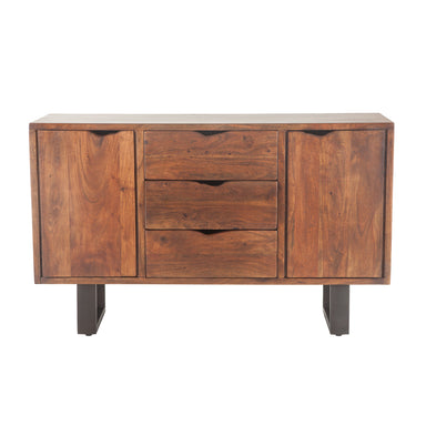 Modern sideboard made from acacia wood with walnut finish, live-edge design, and antique zinc U-shaped iron legs