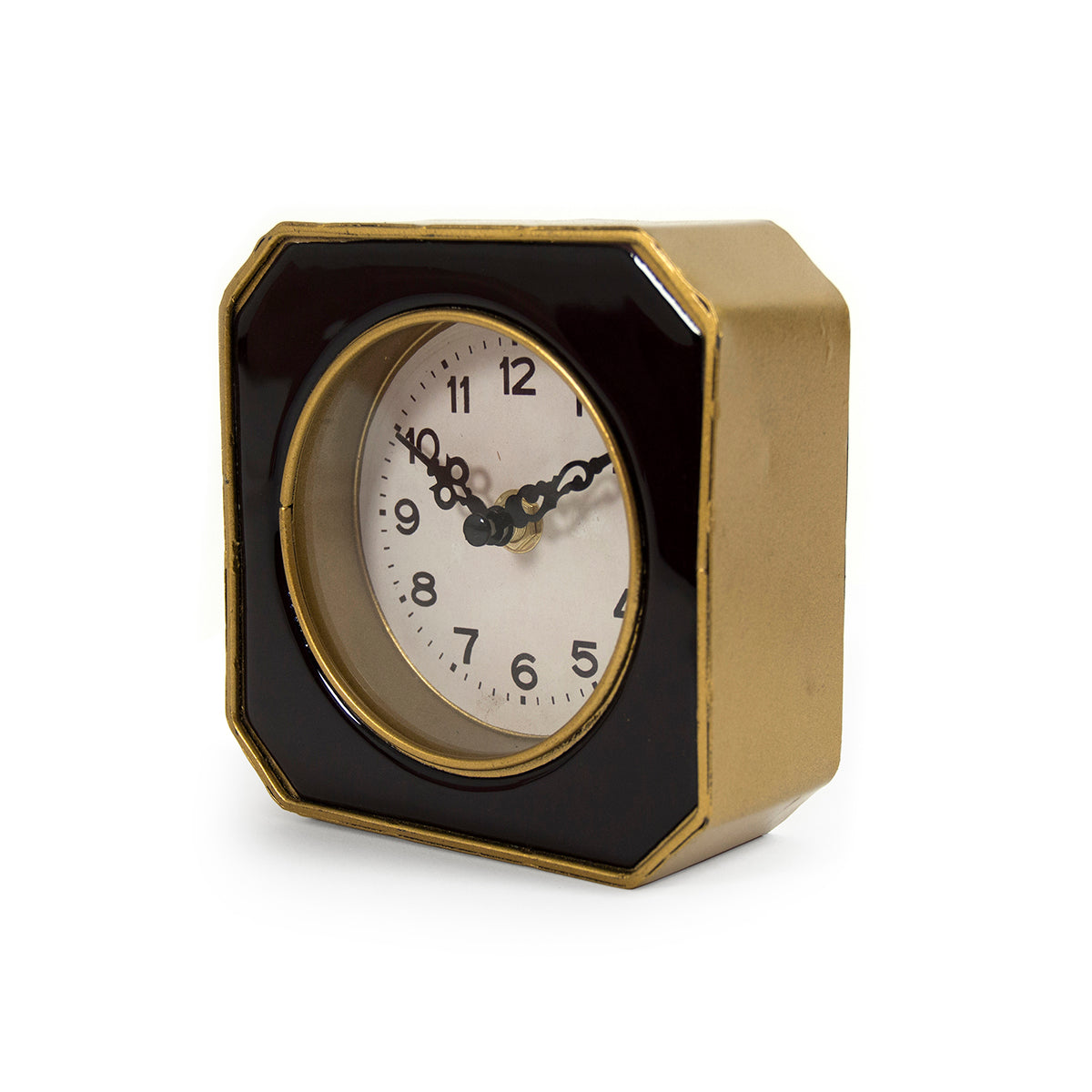 Elegant black and gold mantel clock with a pewter frame, perfect for adding a touch of sophistication to home decor.