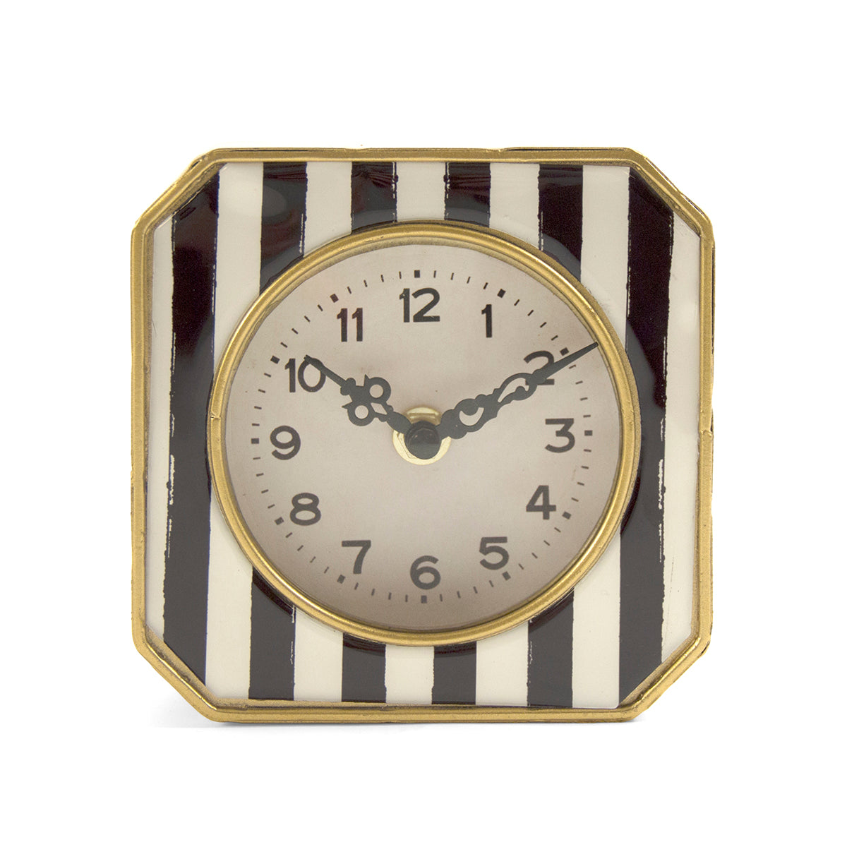Elegant black and white striped clock with gold trim and a distressed pewter frame, adding vintage charm to home decor.