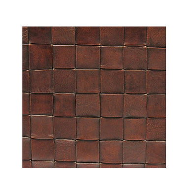 Woven brown leather pouf with rich texture and artisan craftsmanship.