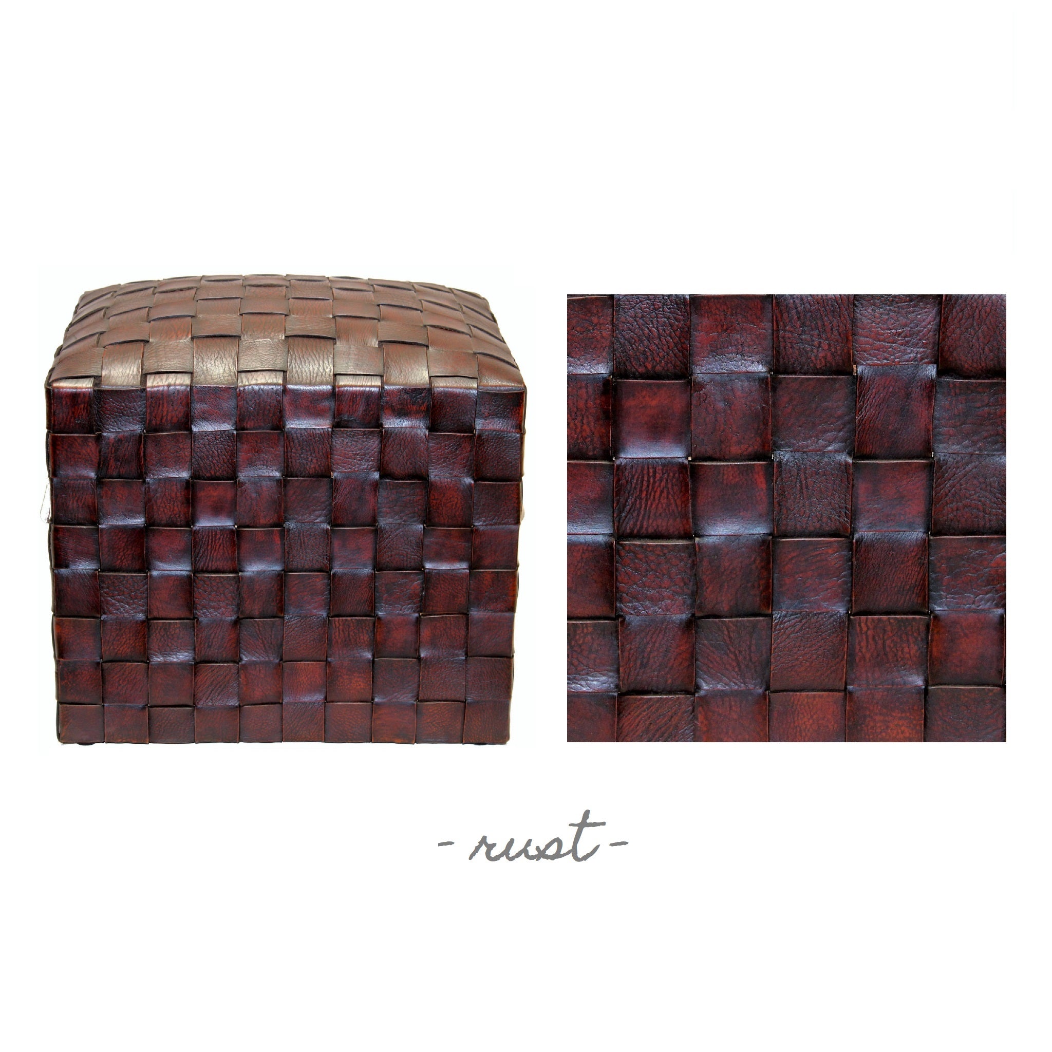 Handwoven leather ottoman showcasing detailed craftsmanship and durability.