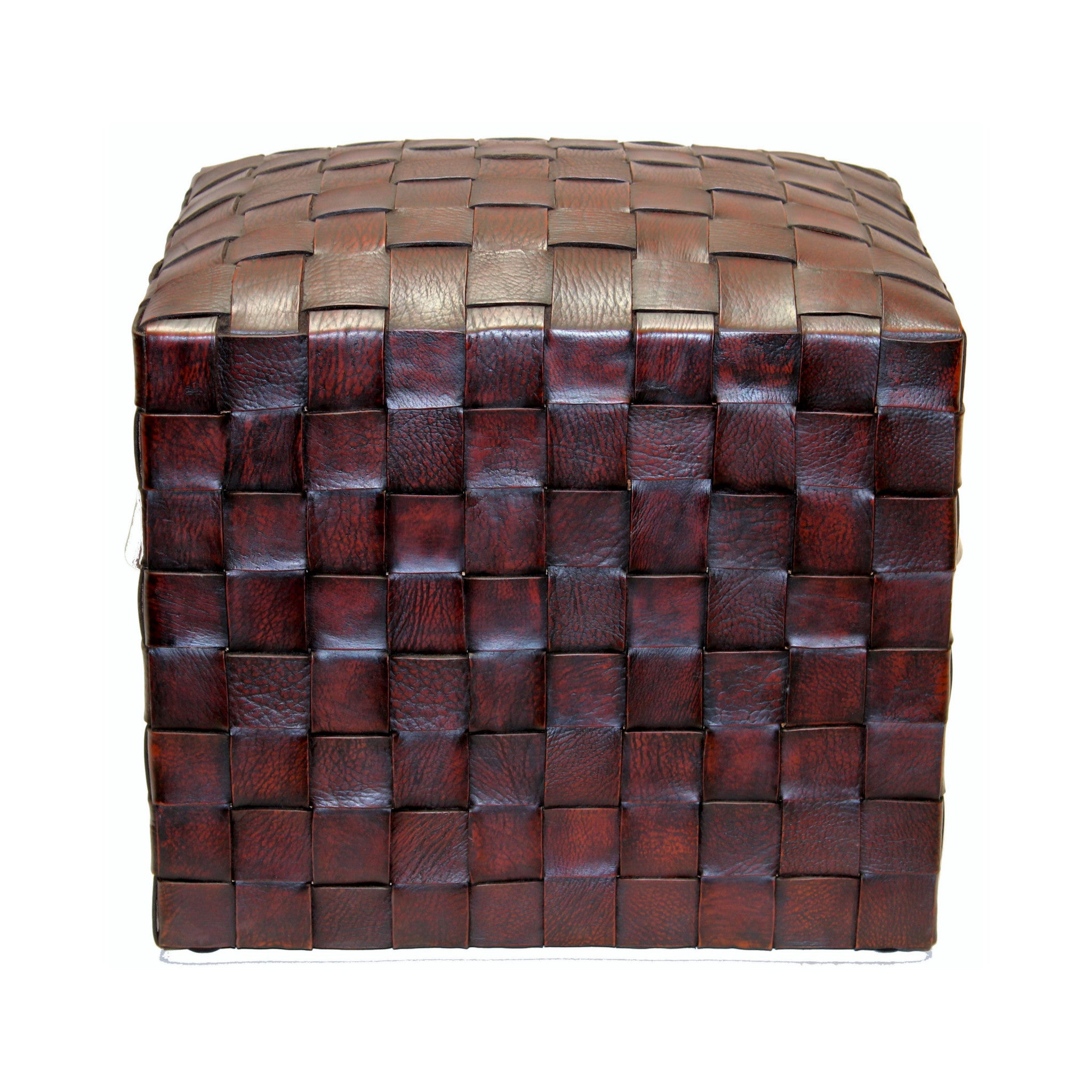 Versatile leather pouf ottoman perfect for living room seating or decor.
