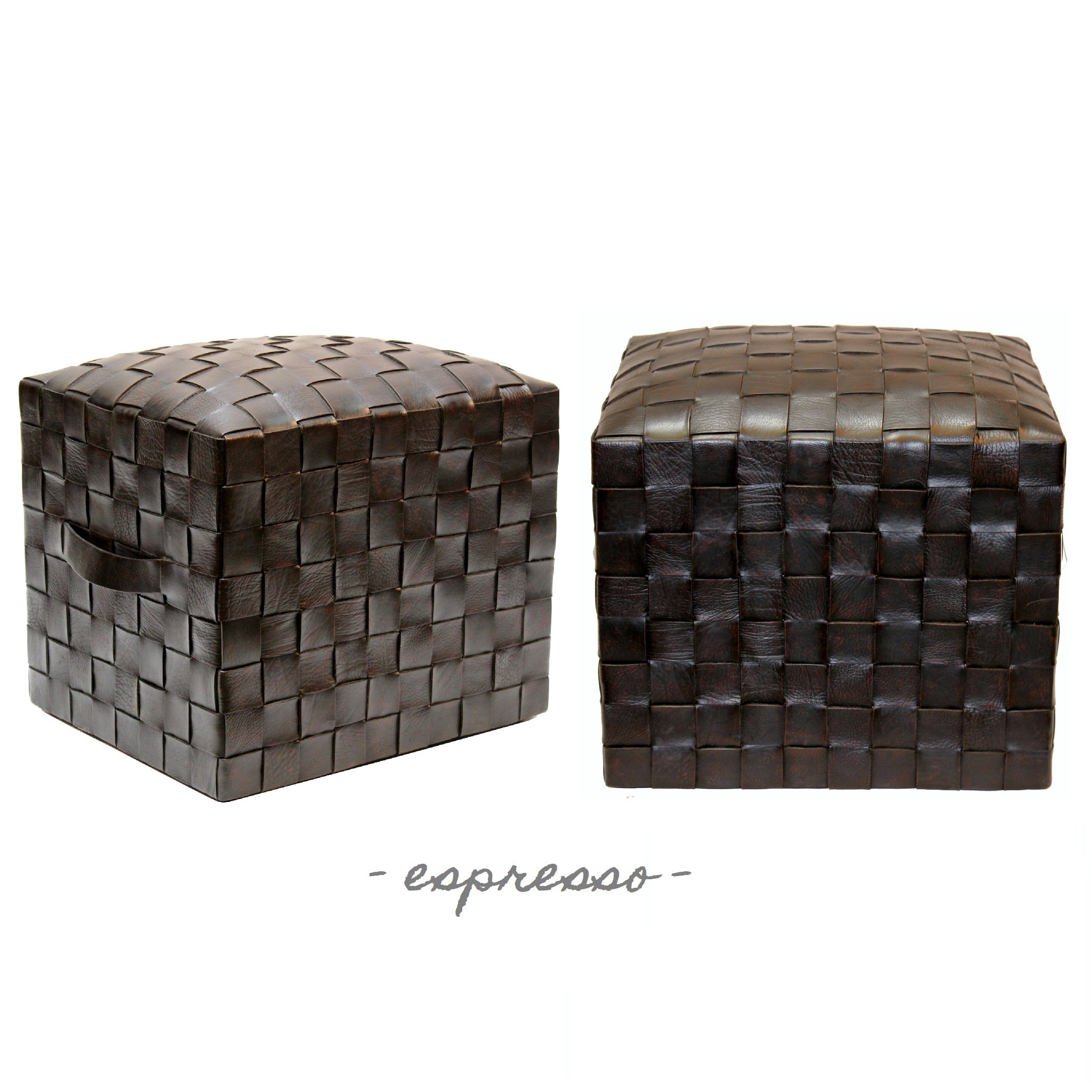 Side view of the Brooklin leather pouf showing its woven structure and finish