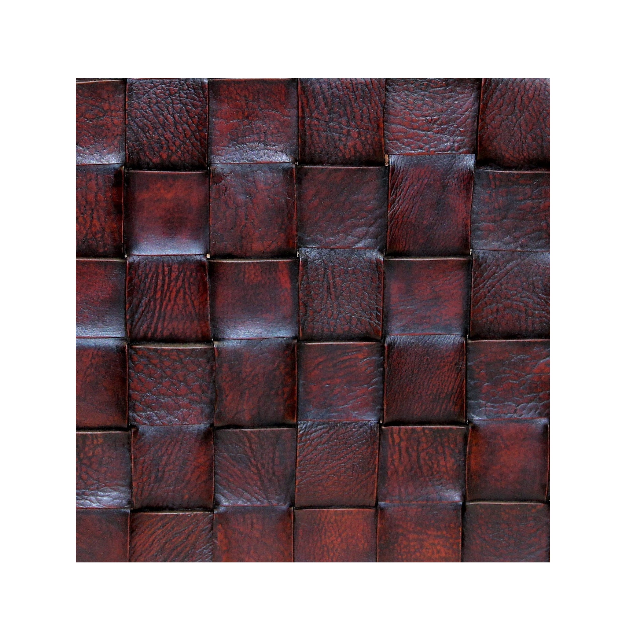 Leather pouf available in warm tones like Maple, Rust, and Espresso.