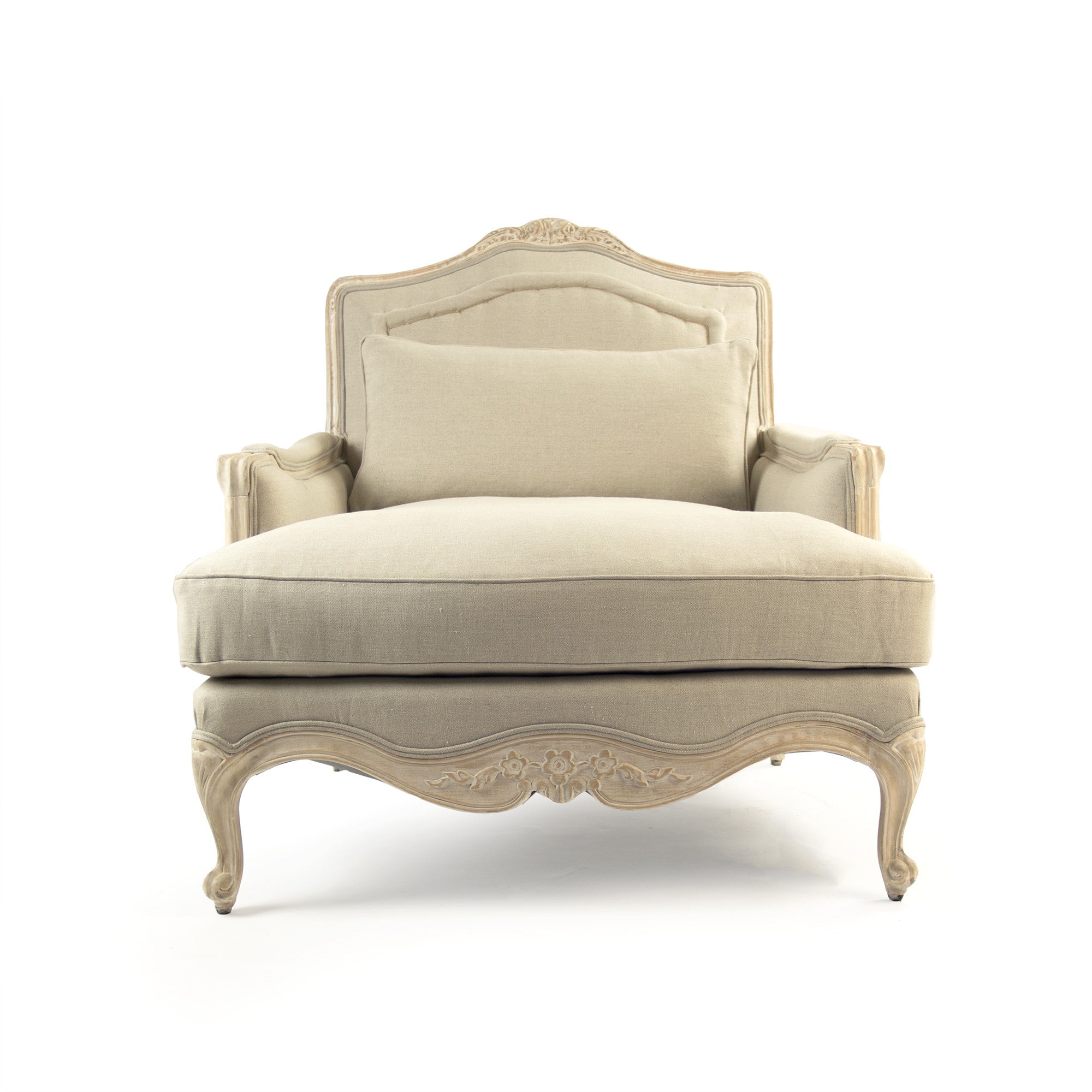 Front view of the elegant French-inspired Colbey Chair with floral wood carvings and hand-stitched detailing