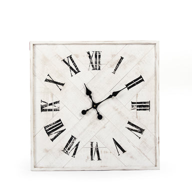 Corbett wall clock – vintage square wall clock with distressed black Roman numerals on white tray-shaped background