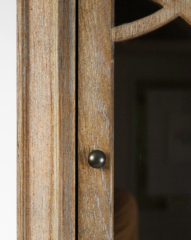 Corinne Cabinet limed grey with clear glass door and geometric wooden panel design