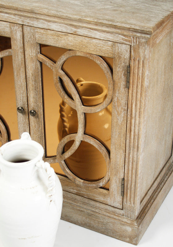 Corinne Cabinet limed grey finish with mirrored glass door and wooden geometric panel