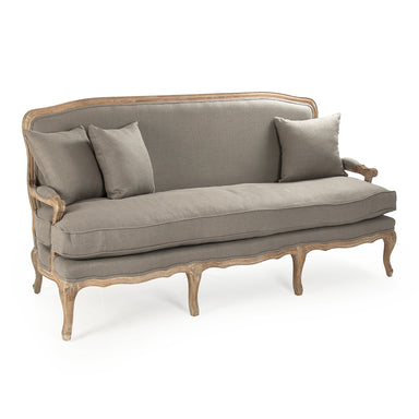 Grey linen sofa featuring a limed grey oak frame with distressed antique finish