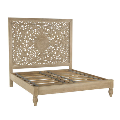 Hand-carved mango wood bed frame with whitewash finish and floral details