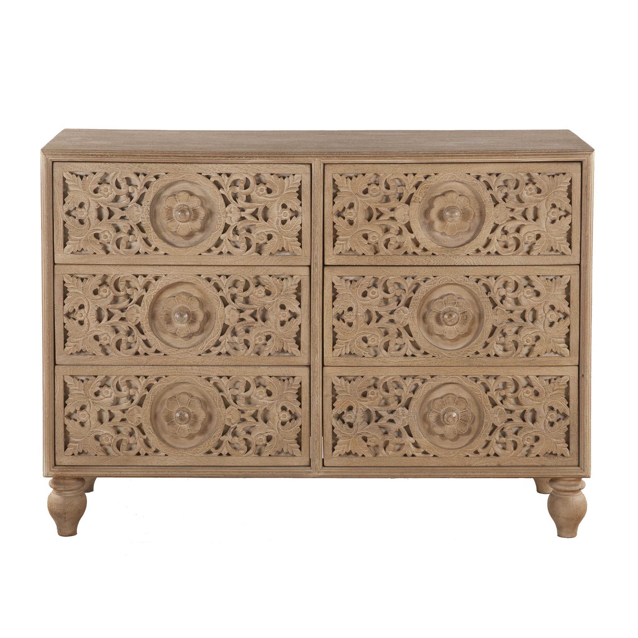 Hand-carved dresser with floral and leaf patterns