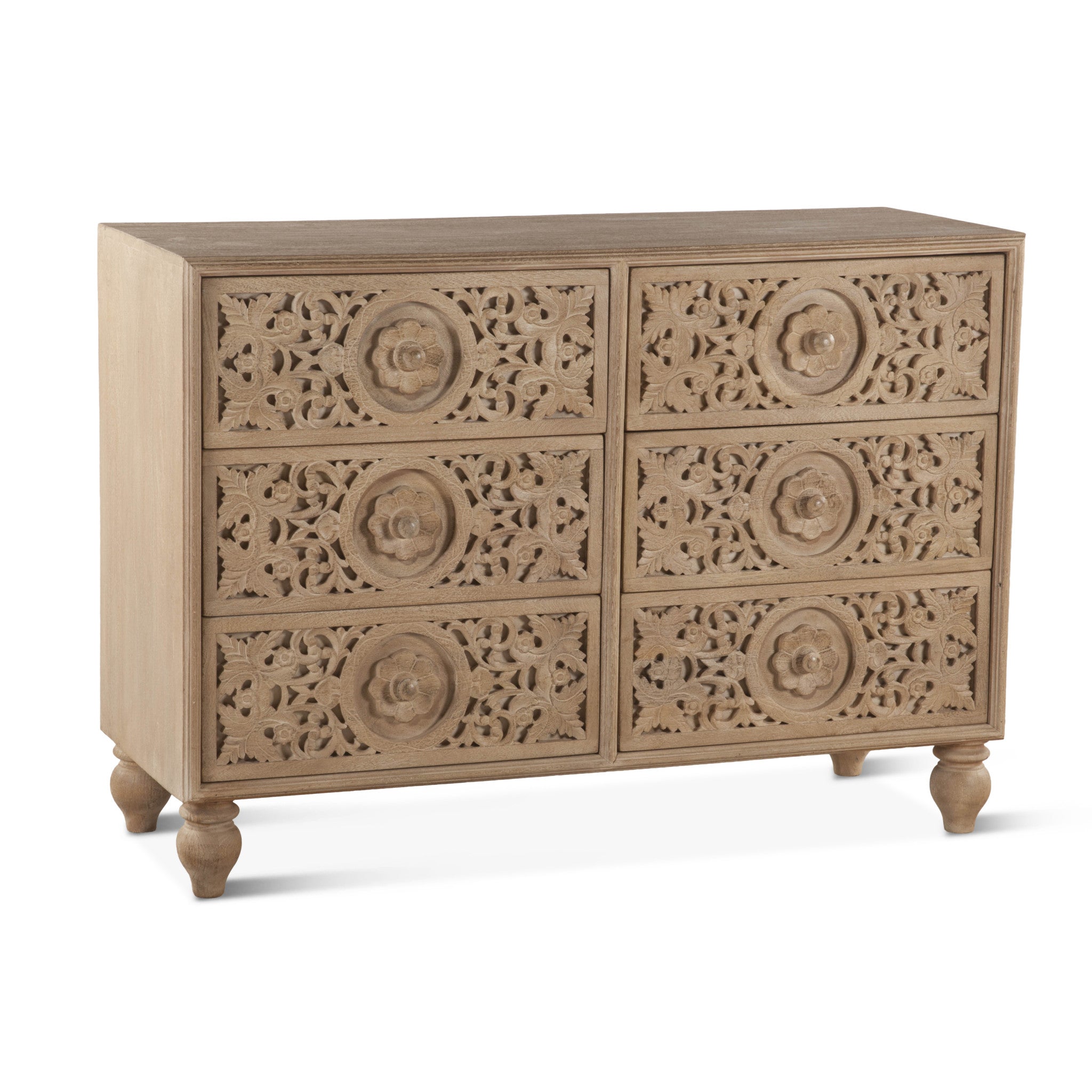 Mango wood dresser with hand-carved details