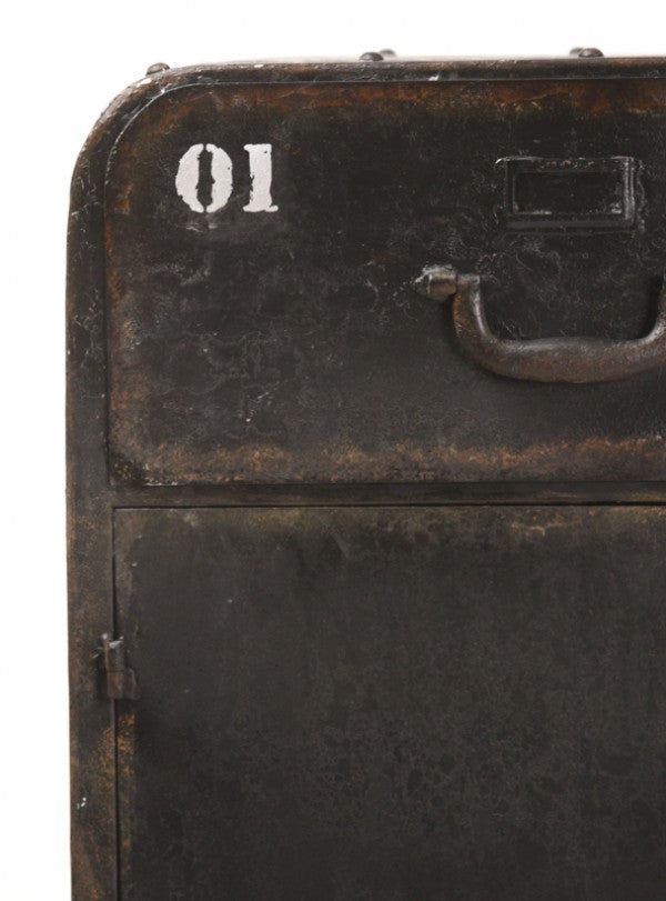 Vintage-style iron cabinet with raw finish and storage space