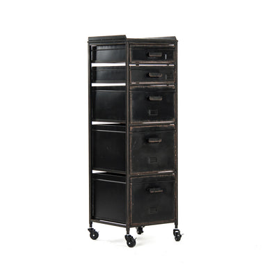 Industrial metal cabinet with five drawers and aged finish