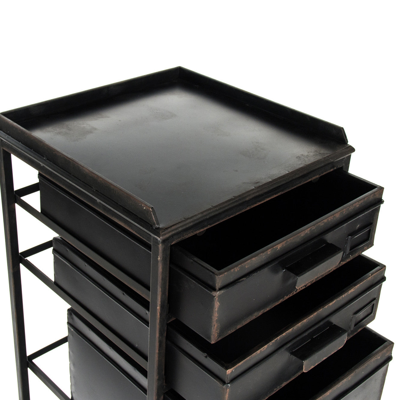 Five-drawer aged-look industrial metal storage unit