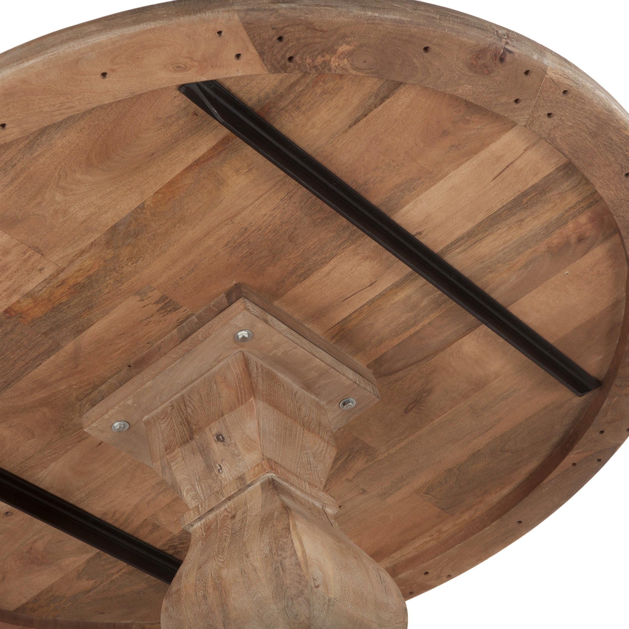 Close-up of natural wood knots on mango wood round dining table Underneath Closeup