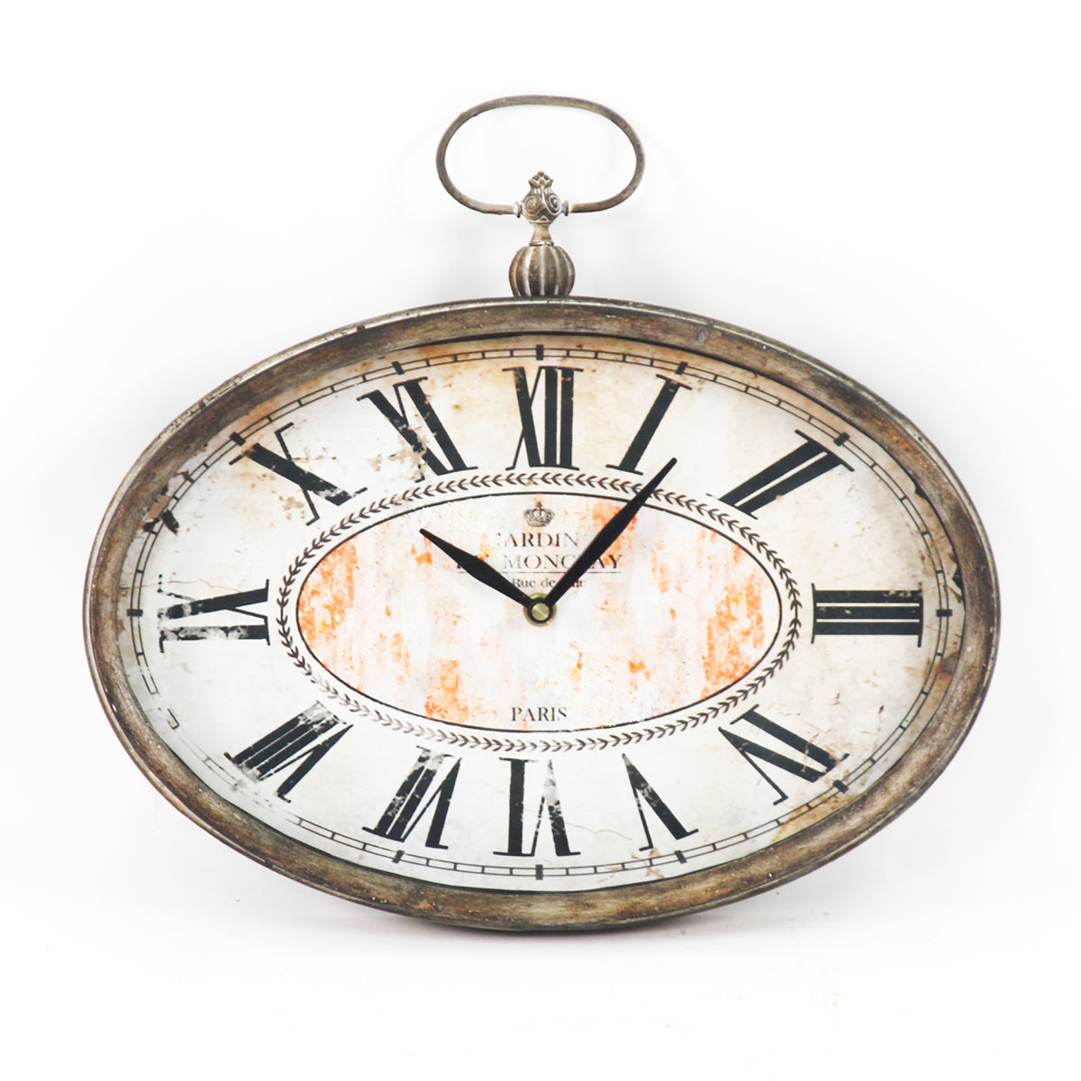 Paris oval wall clock with antique grey finish, distressed design, and rustic charm, perfect for any décor style.