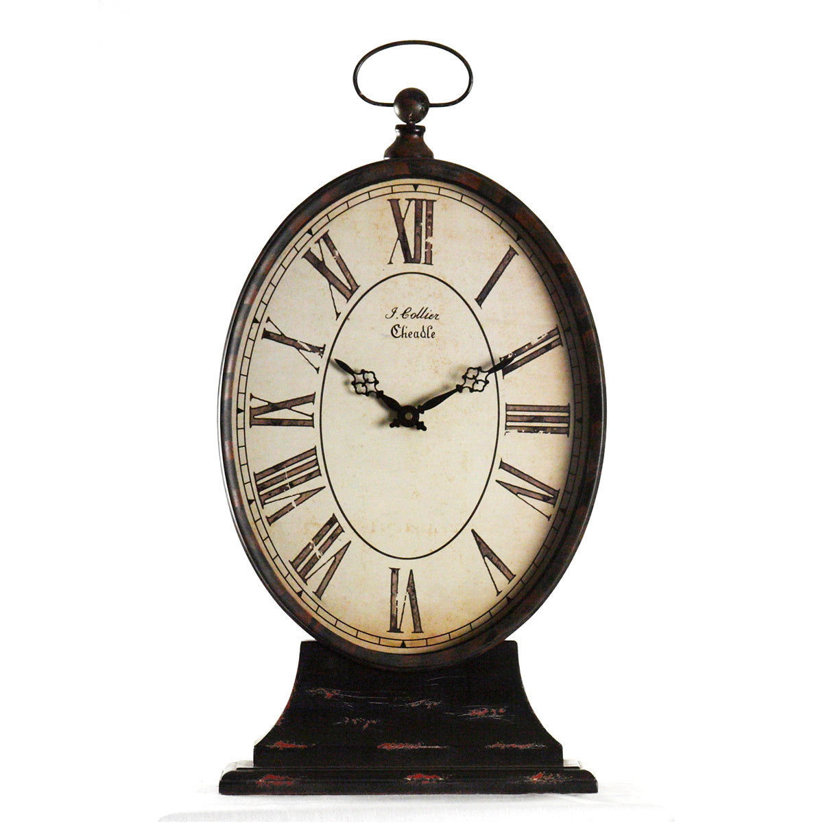 Paris table clock in vintage style, tall oval iron clock with distressed black finish, ideal for tabletops and mantels.