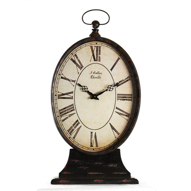 Paris table clock in vintage style, tall oval iron clock with distressed black finish, ideal for tabletops and mantels.