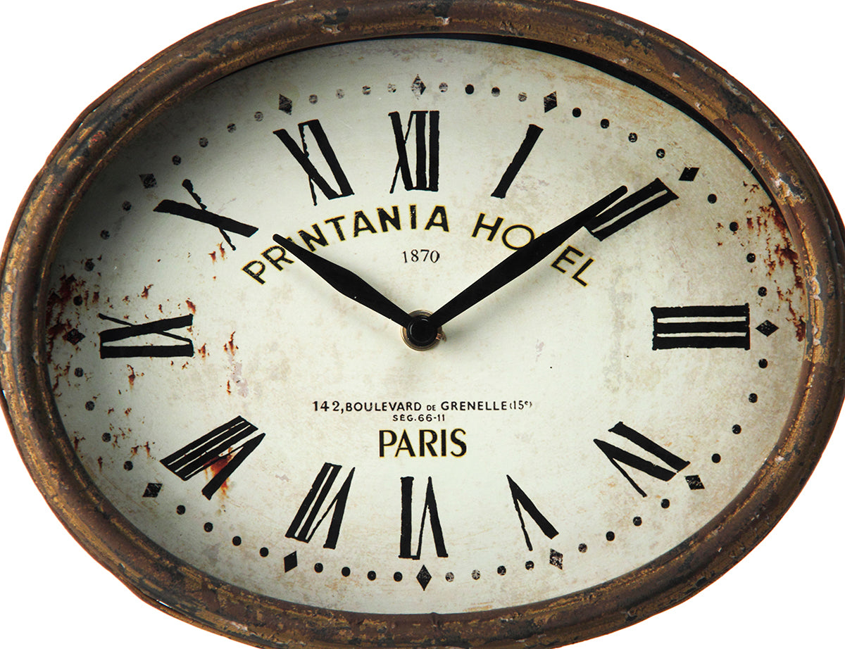 Printania Hotel desk clock – antique brown oval clock with iron stand, 13 inches tall